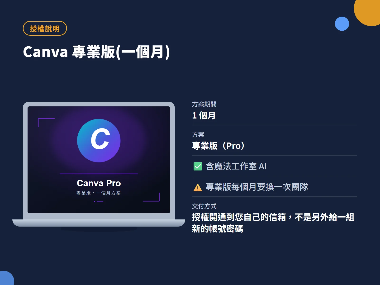 Canva 專業版(一個月) 授權說明