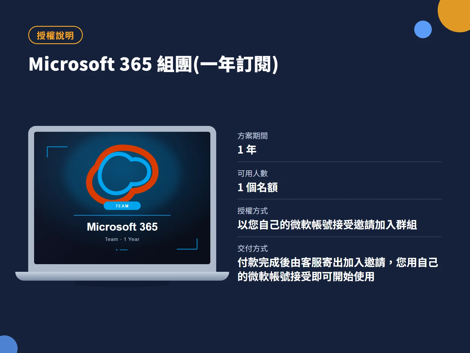Microsoft 365 組團(一年訂閱) 授權說明