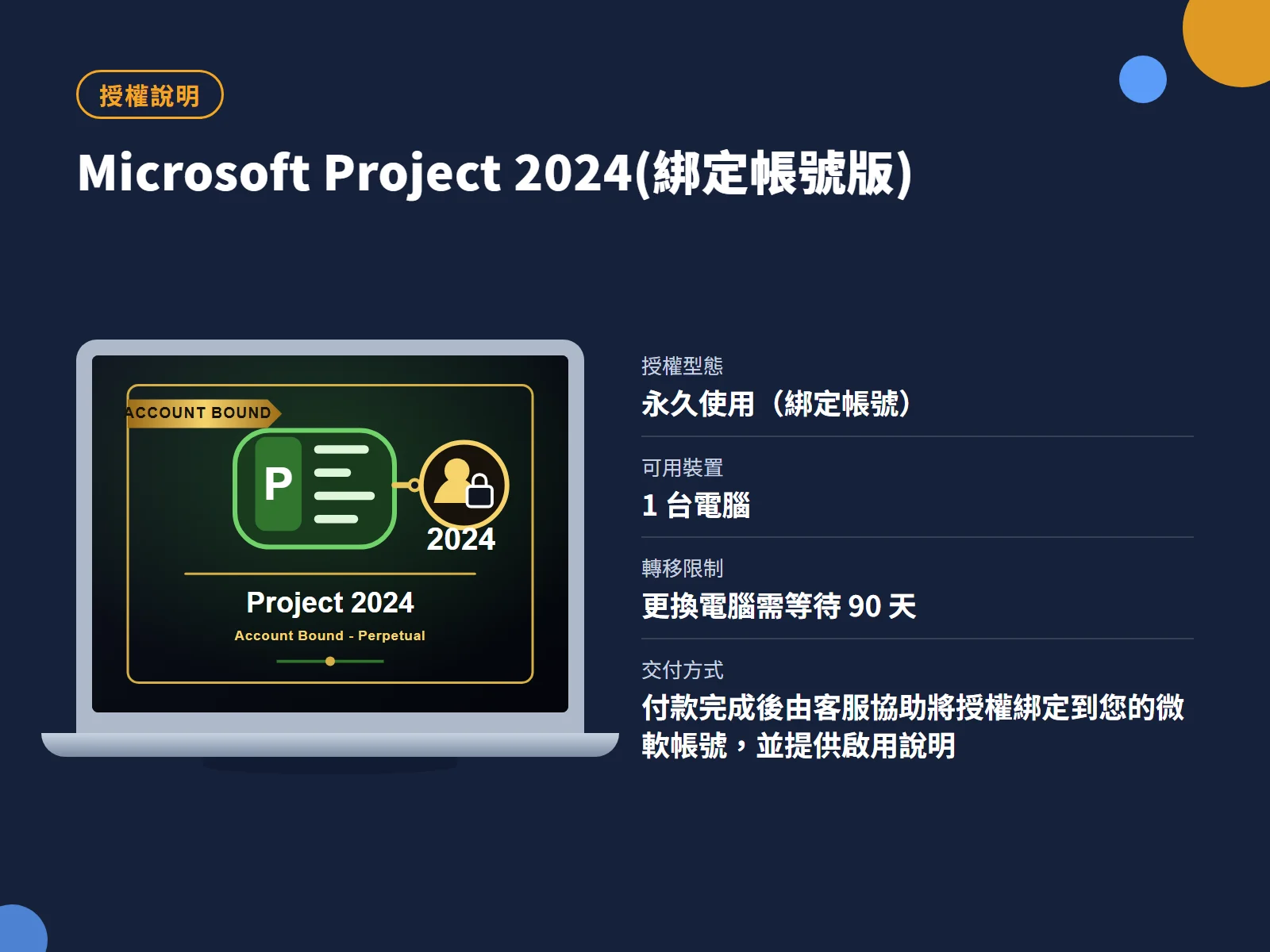 Microsoft Project 2024(綁定帳號版) 授權說明