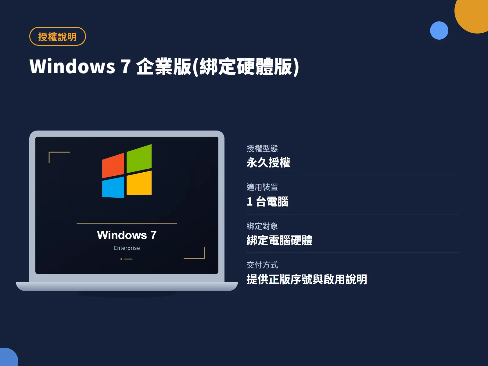 Windows 7 企業版(綁定硬體版) 授權說明
