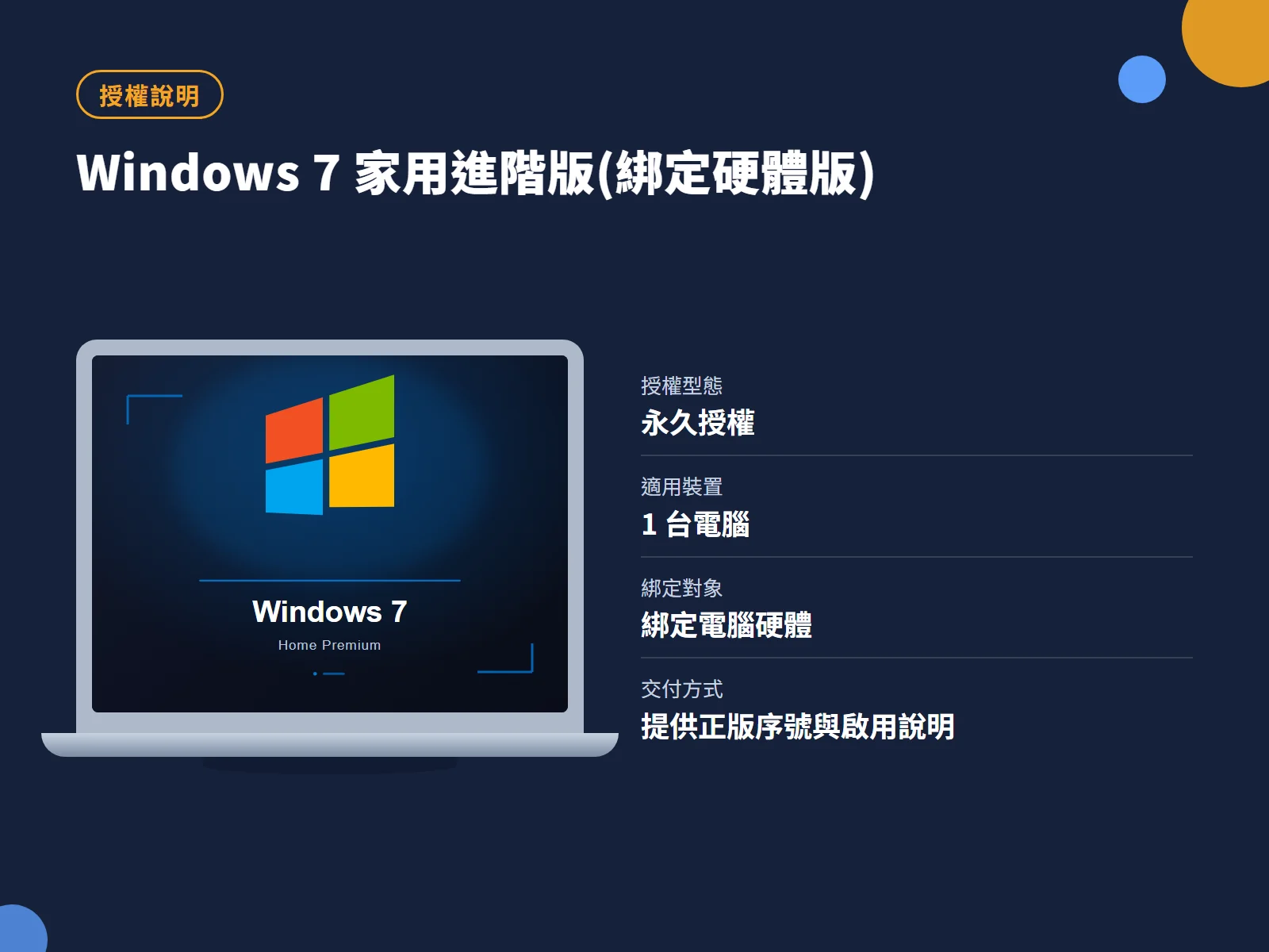 Windows 7 家用進階版(綁定硬體版) 授權說明