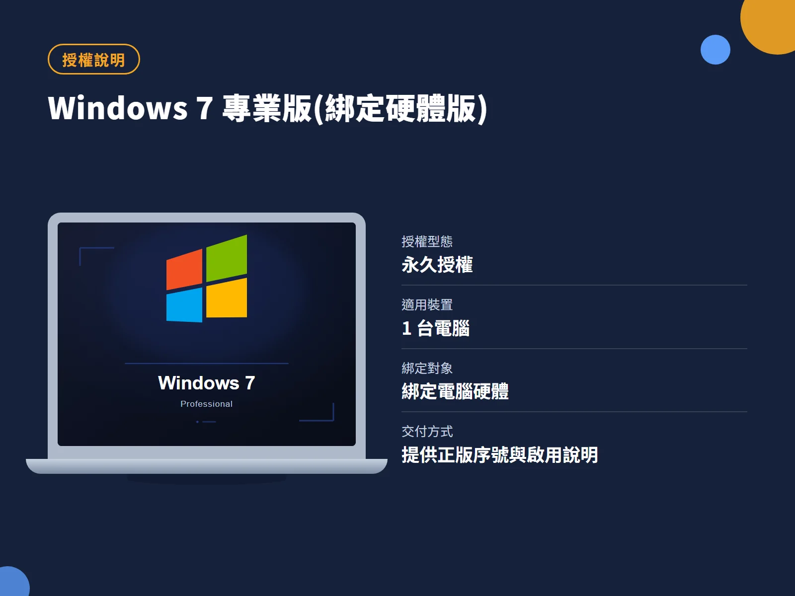Windows 7 專業版(綁定硬體版) 授權說明