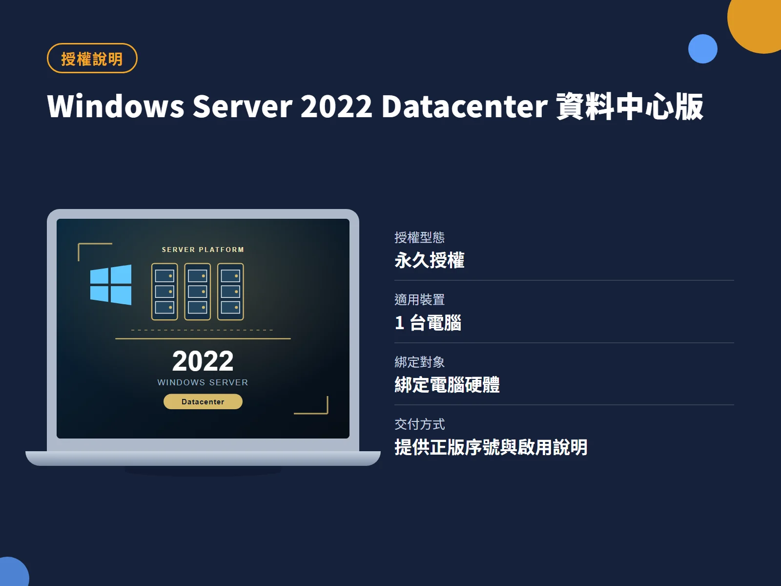 Windows Server 2022 Datacenter 資料中心版 授權說明